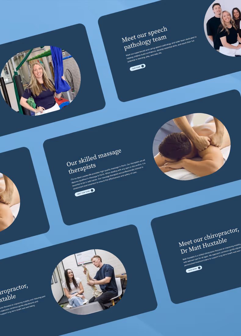 Website section showing services and team, including massage and chiropractic care.