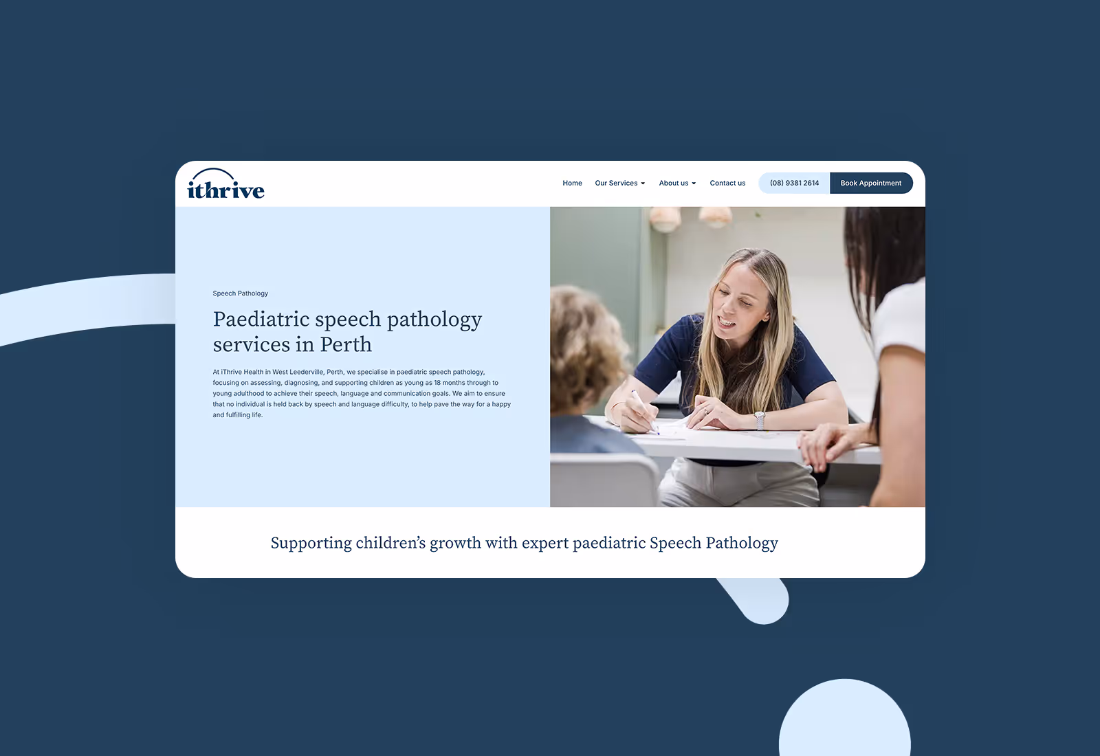 iThrive Health speech pathology page with therapist working with child.