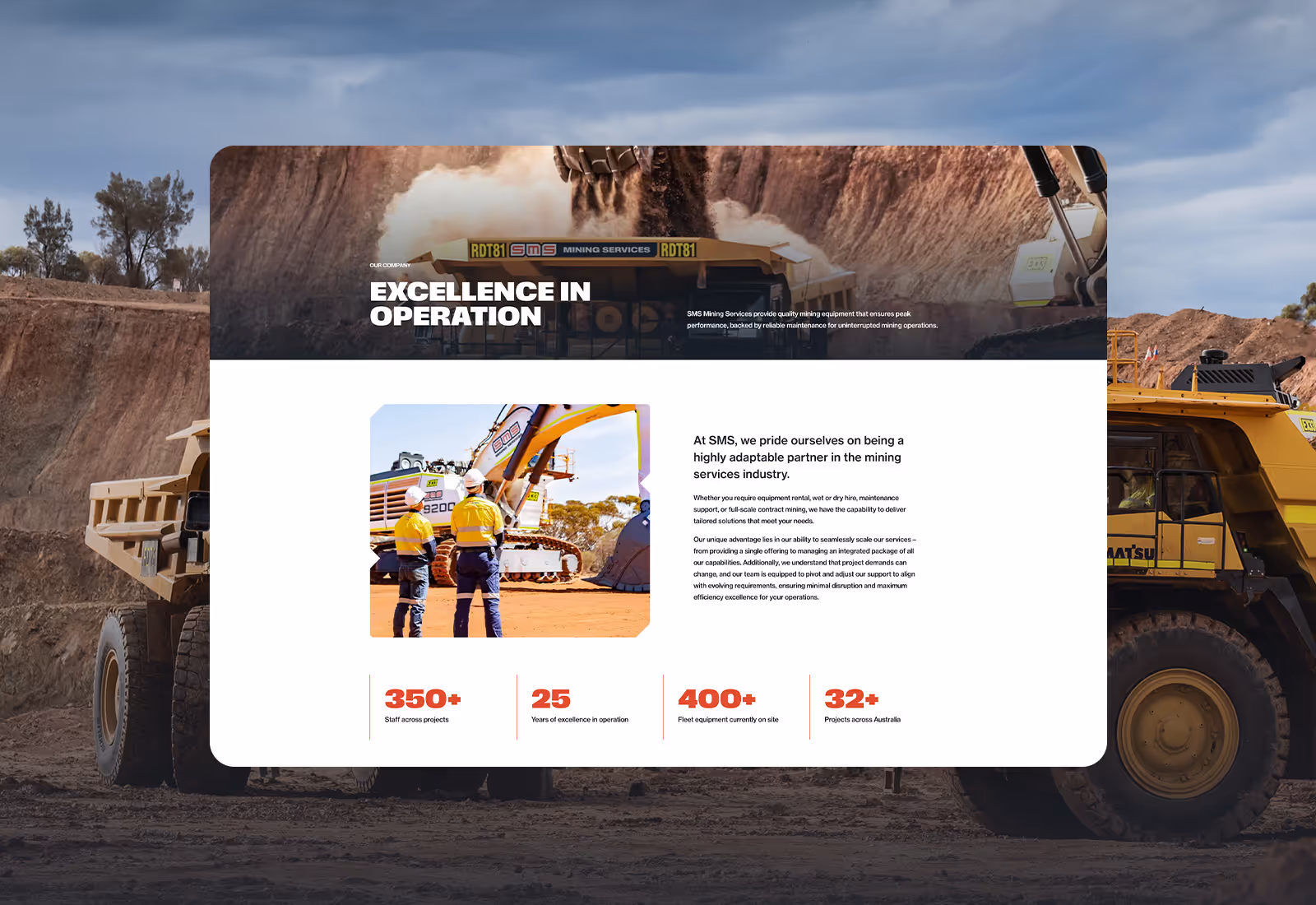 SMS Mining Services crew inspecting heavy equipment at a mine site with detailed service statistics displayed below.