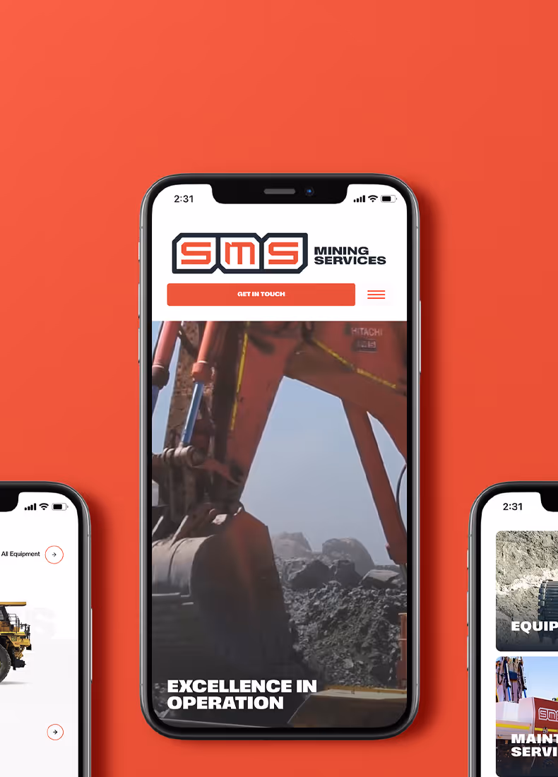 Mobile view of SMS Mining Services homepage showing a mining excavator and “Excellence in Operation” text.