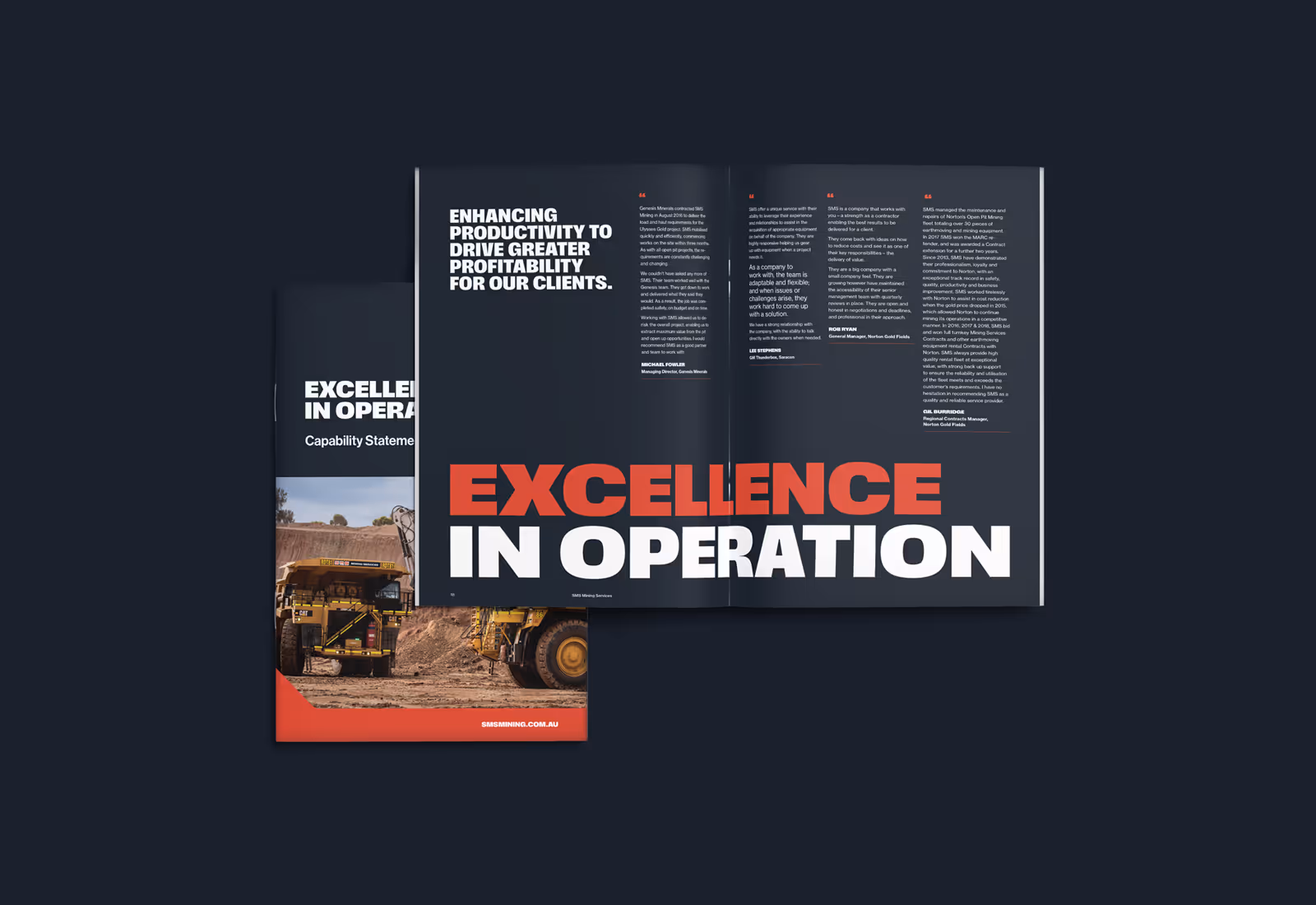 SMS Mining Services capability statement booklet, with an open spread featuring large “Excellence in Operation” text.