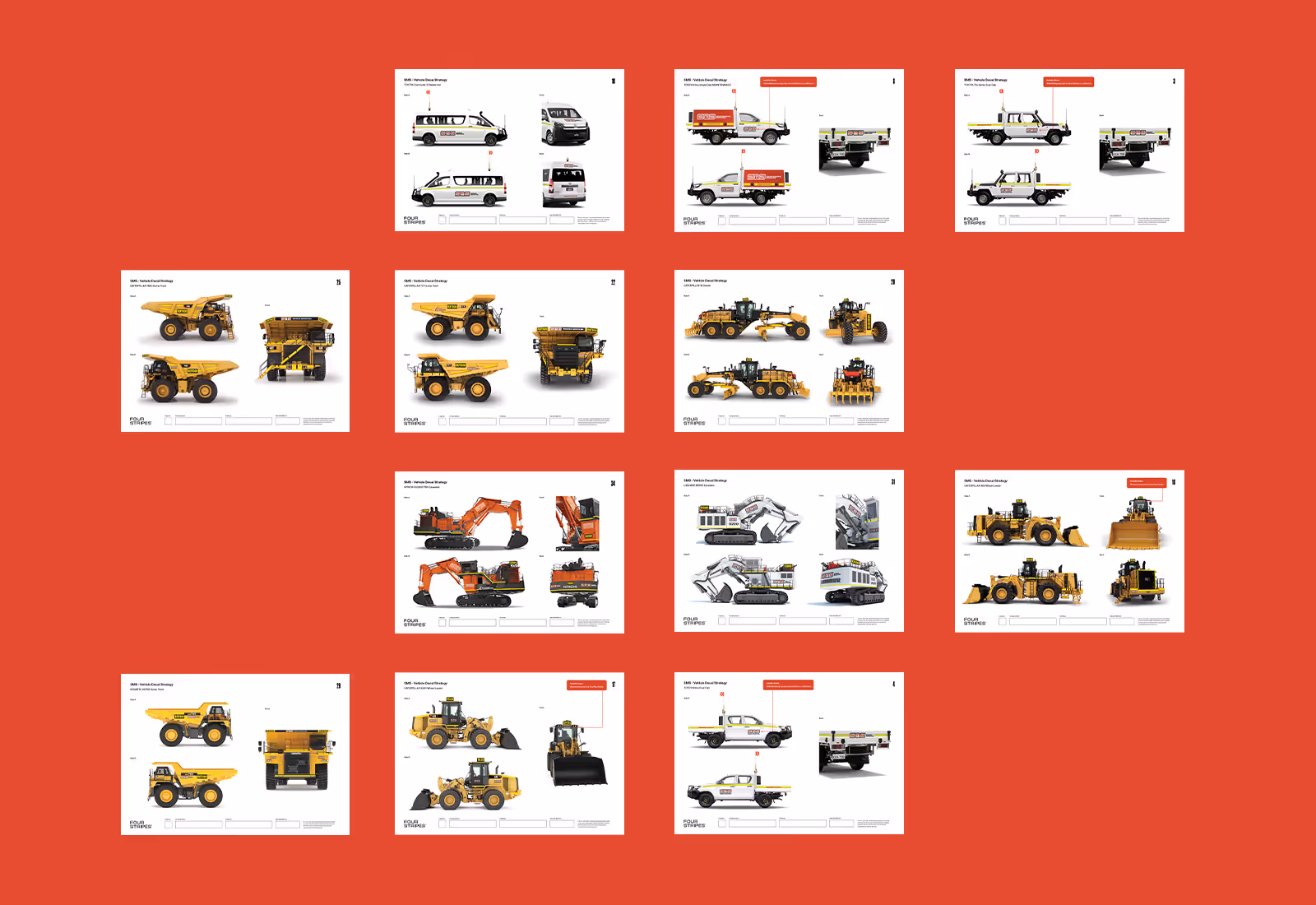 Grid layout showing different SMS Mining Services vehicle and equipment branding designs on a red background.