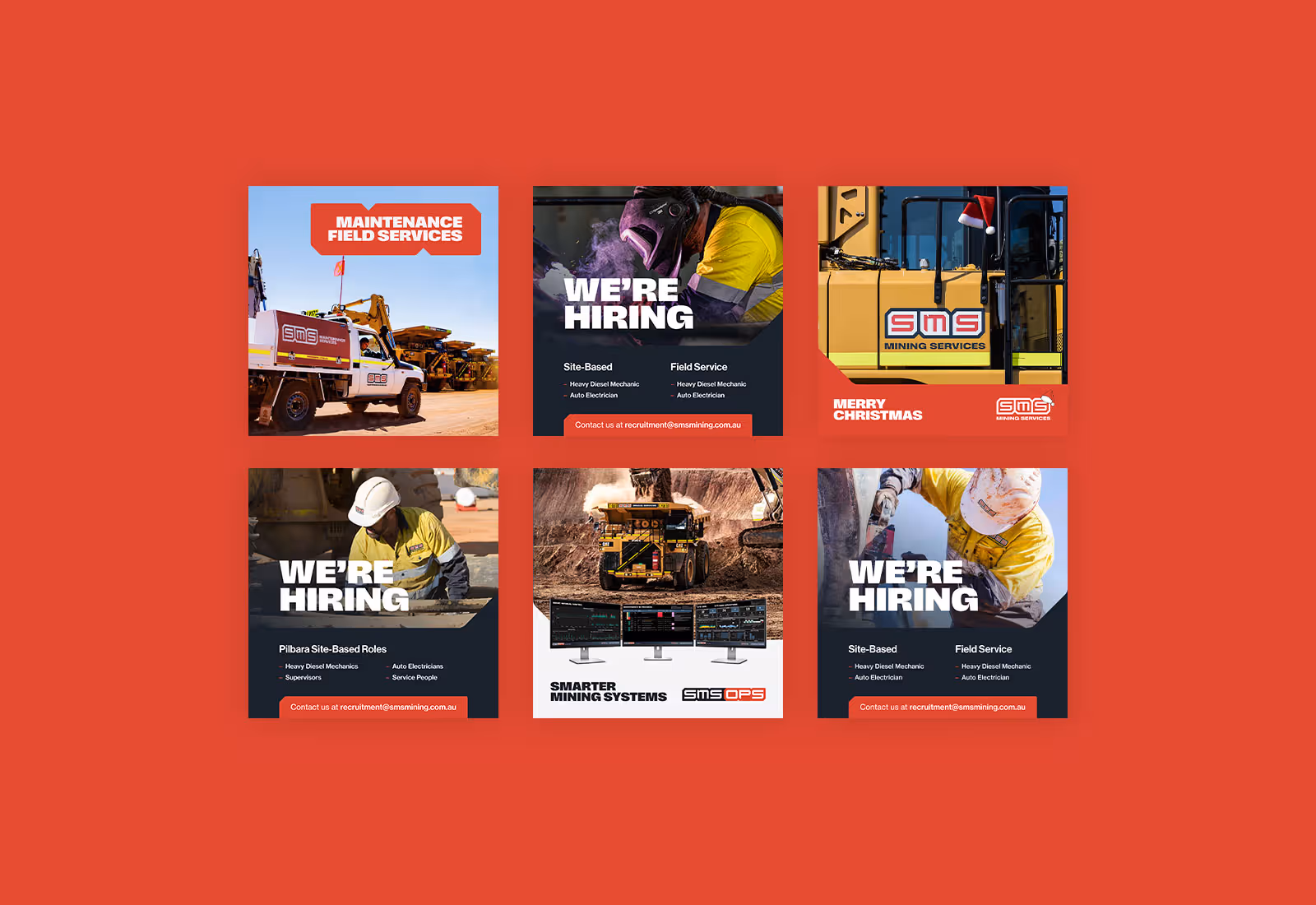 Social media graphic set for SMS Mining Services featuring recruitment ads, seasonal messages, and service promotions.