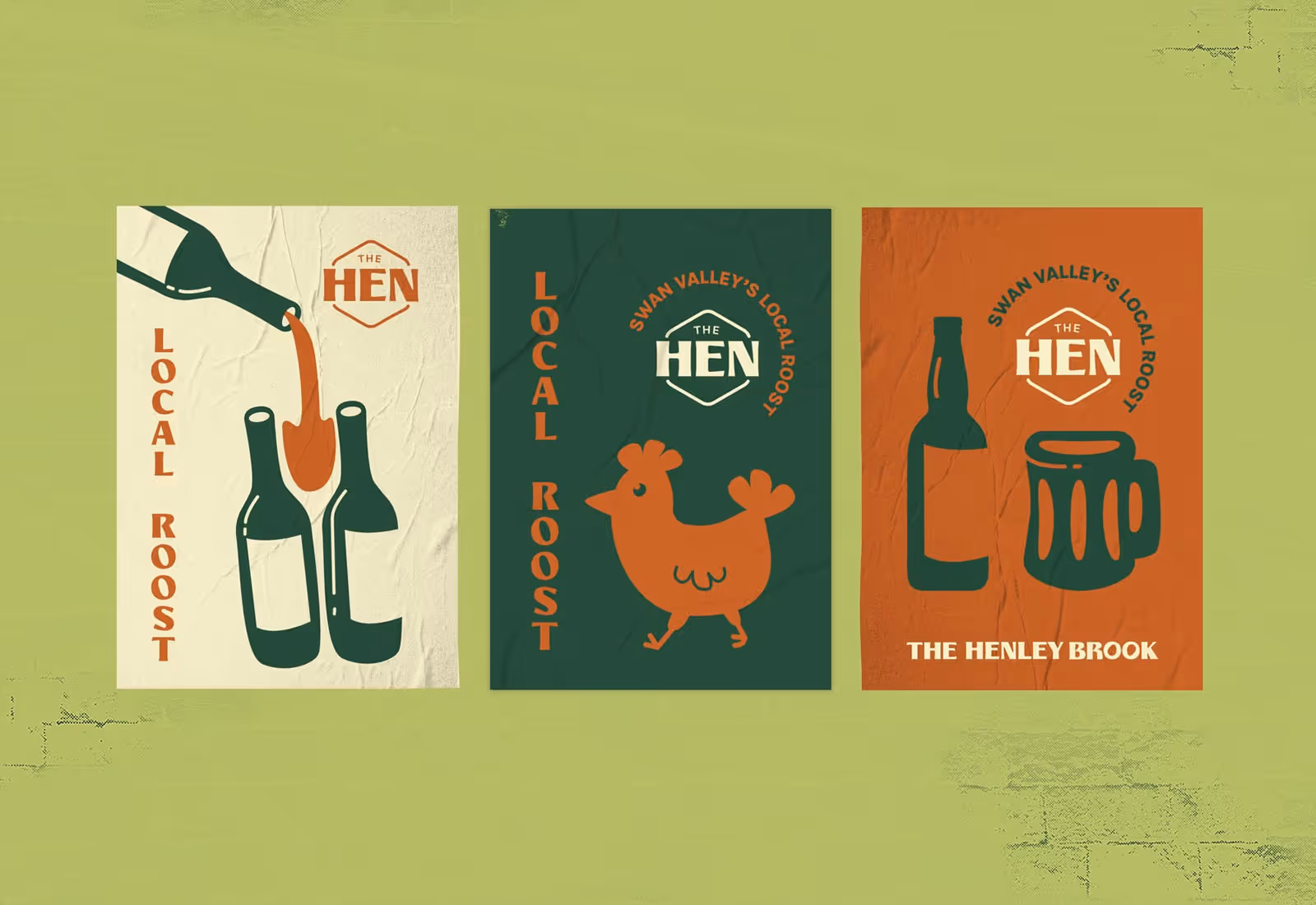 Set of three vintage-style Henley Brook posters with drinks, bottles, and chicken graphics