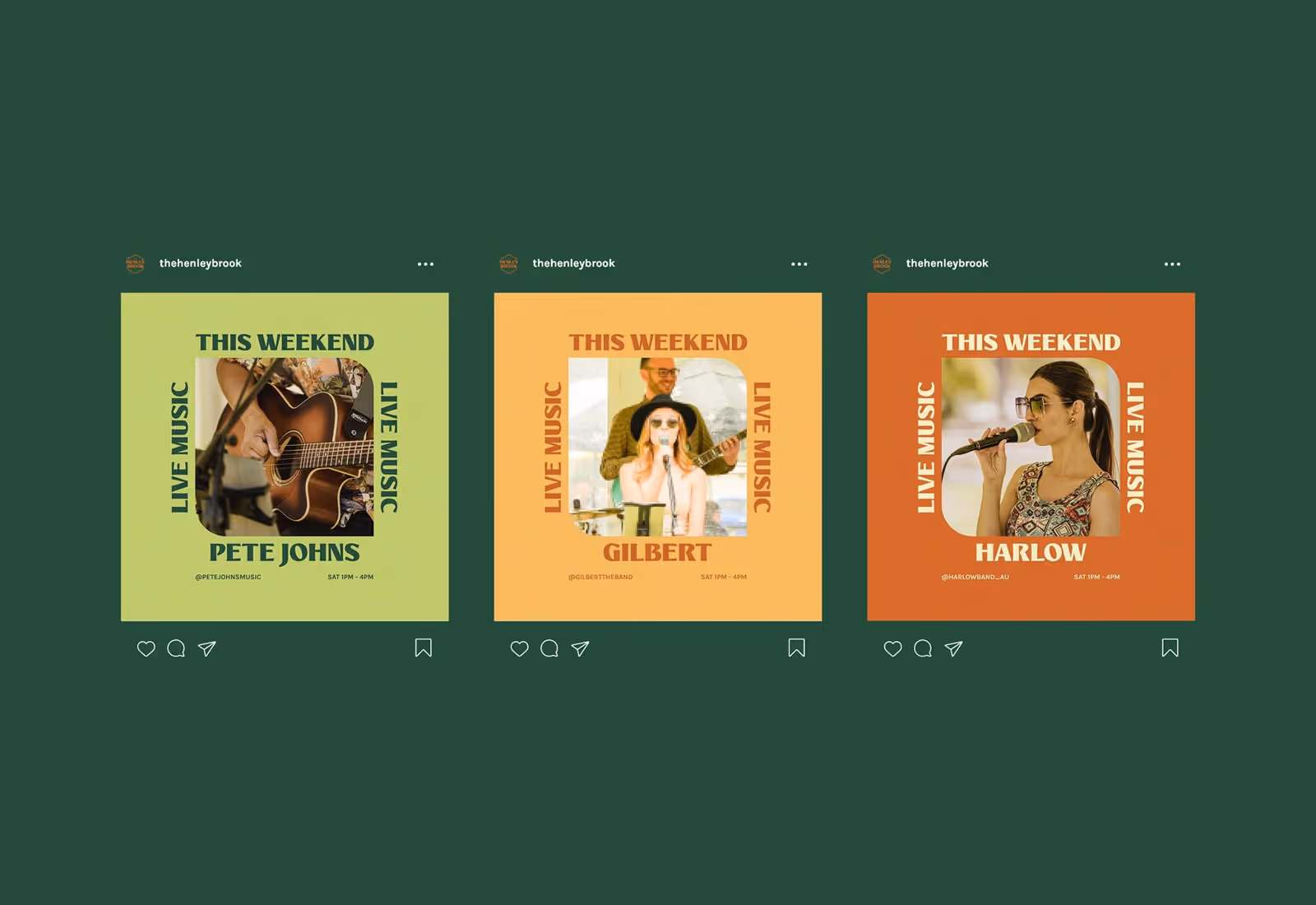 Three Instagram-style promotional graphics for The Henley Brook featuring weekend live music acts Pete Johns, Gilbert, and Harlow, each with colourful backgrounds.