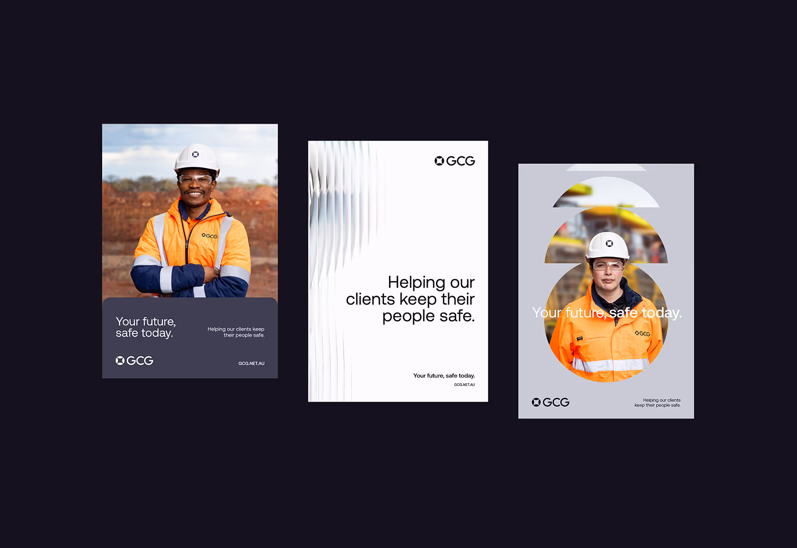 Three GCG marketing posters showing workers in safety gear and the tagline “Your future, safe today”