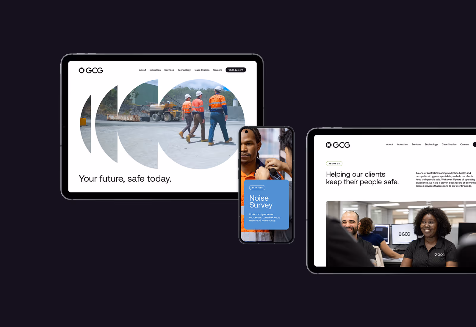 GCG website displayed on tablet and mobile devices showing safety messaging and services