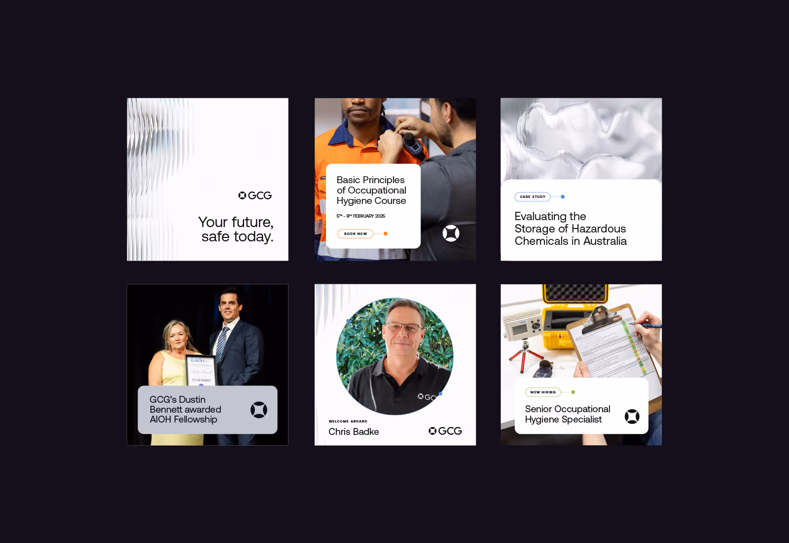 Grid of GCG social media graphics showcasing services, training, staff announcements, and industry updates