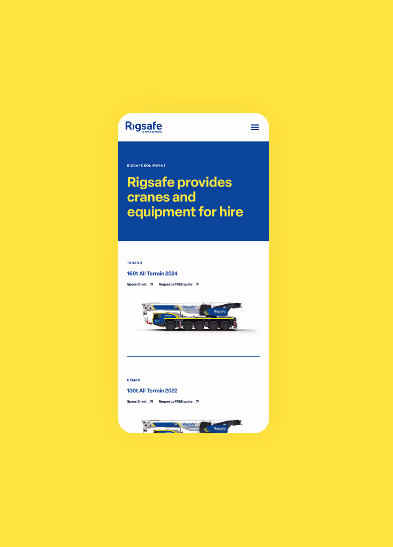Mobile view of Rigsafe equipment page listing cranes and specifications for hire