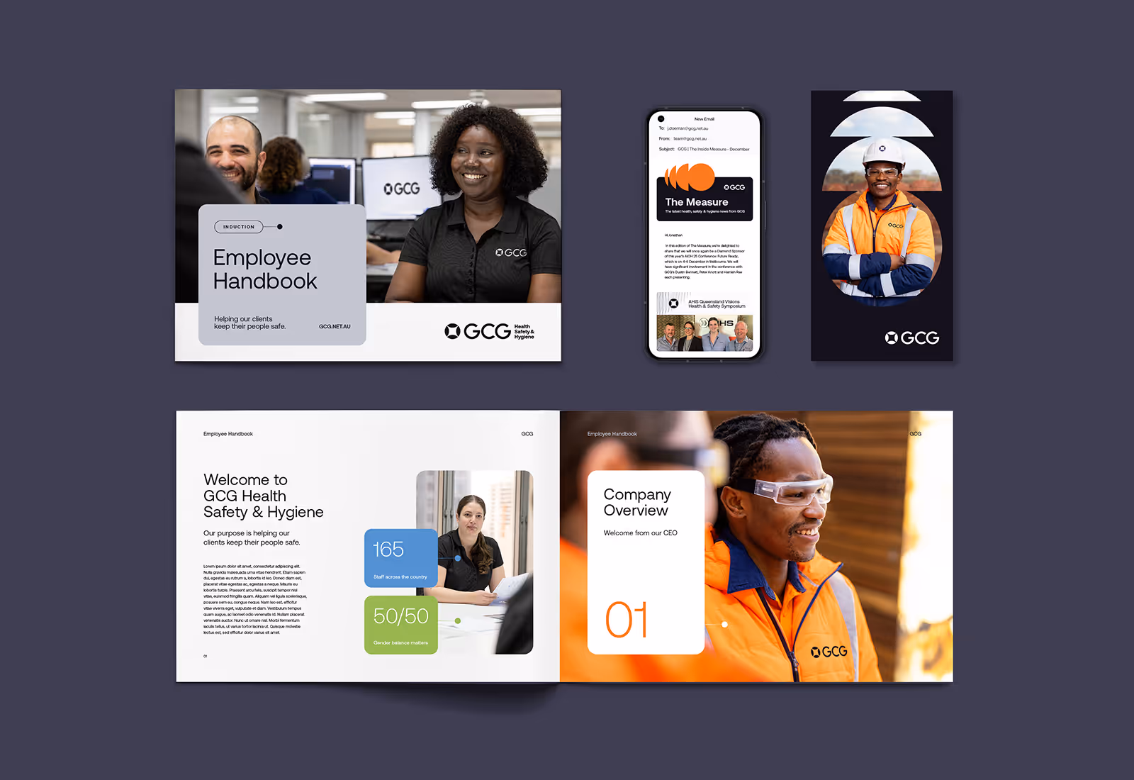 GCG employee handbook, email newsletter, and promotional materials layout