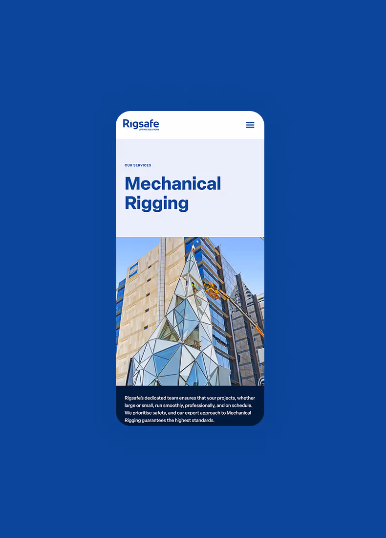 Mobile view of Rigsafe Mechanical Rigging service page featuring glass building facade