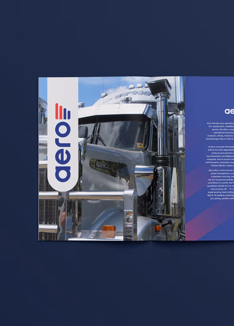Open brochure showing Aero logo and chrome Kenworth truck front