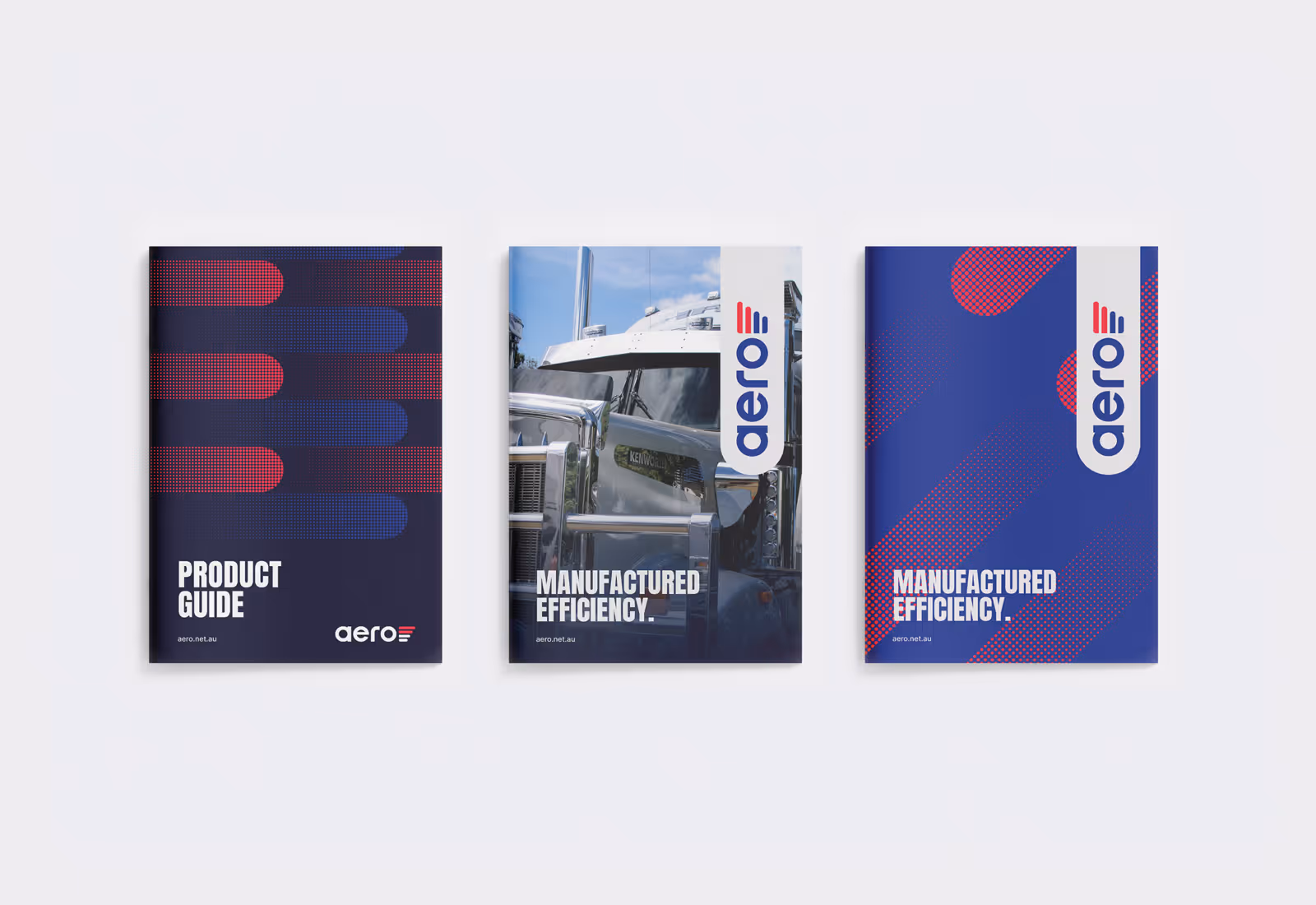Three Aero product guide covers with branding and efficiency slogan