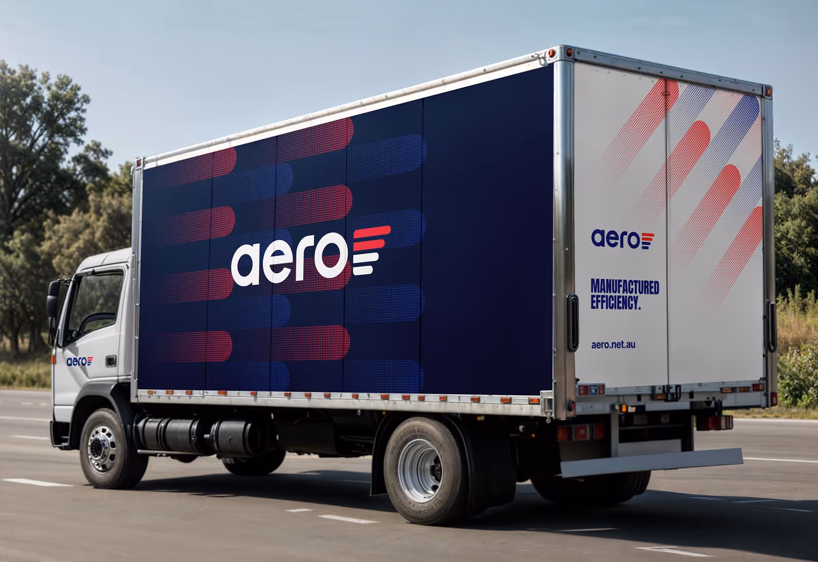 Aero branded delivery truck with large logo and efficiency slogan