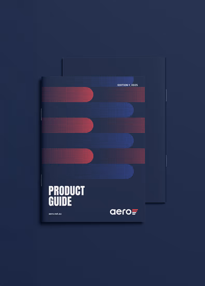 Aero product guide edition 1 cover with red and blue halftone bars