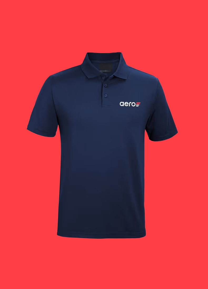 Navy blue Aero polo shirt with embroidered logo on red background