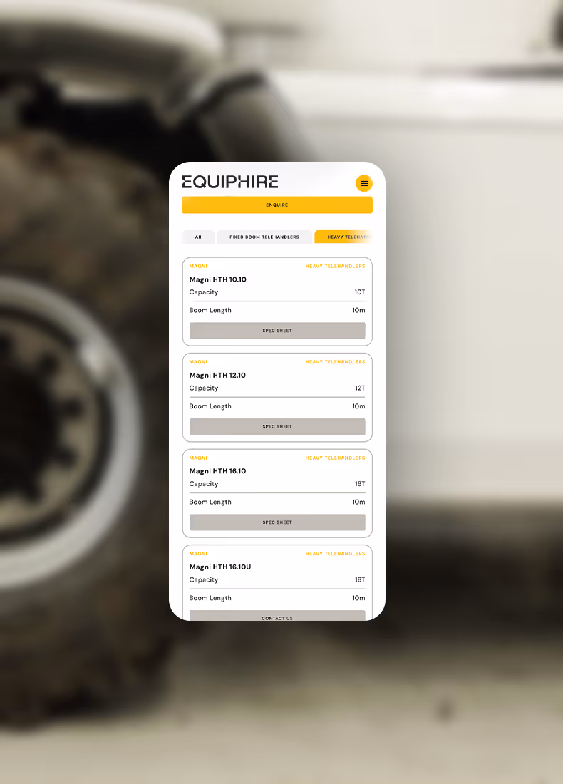 Mobile view of Equiphire heavy telehandlers list with model names, capacity, boom length, and spec sheet buttons.
