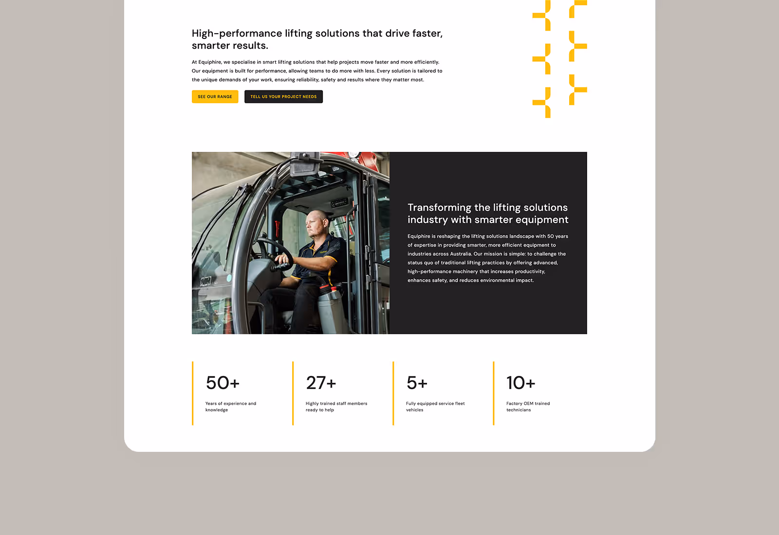Equiphire website section featuring a man operating a Magni telehandler, alongside company statistics and mission statement.