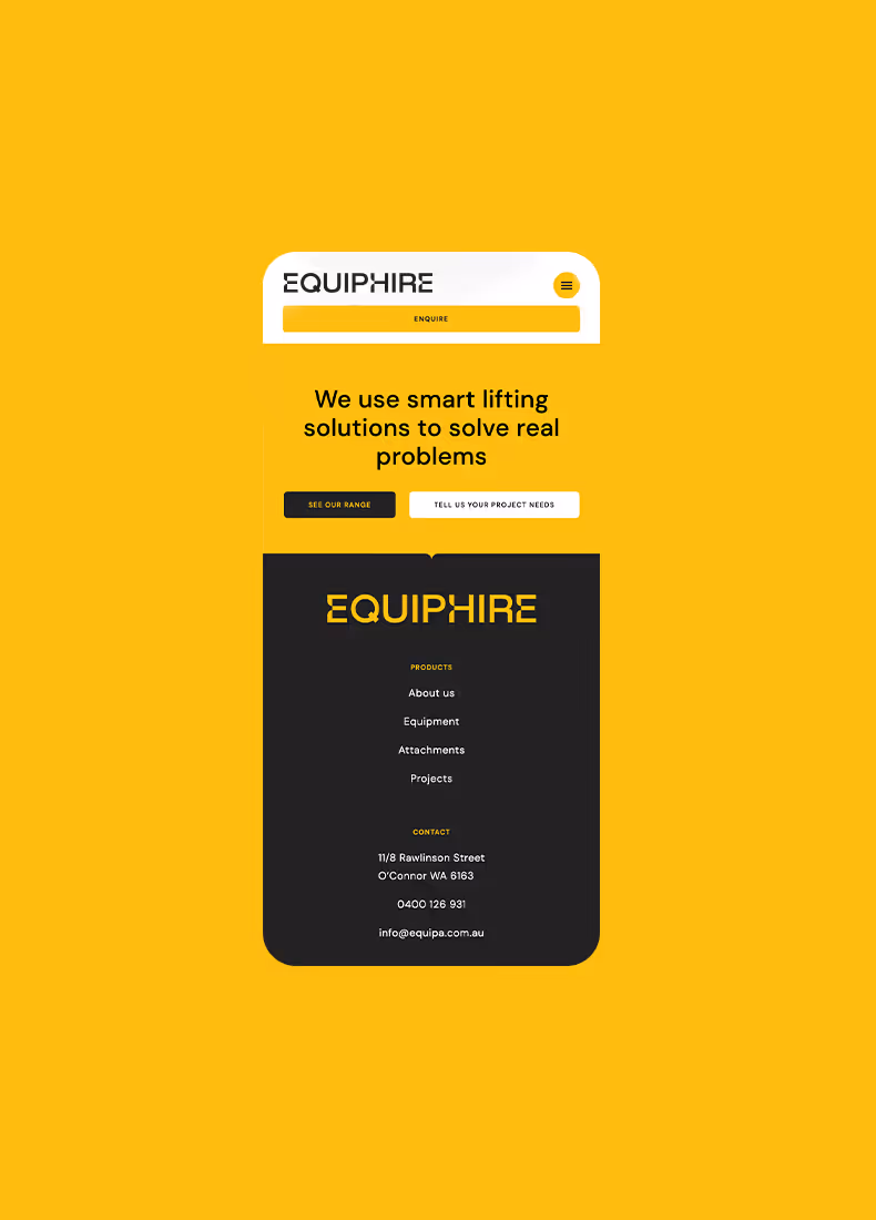 Mobile view of Equiphire footer with contact details, navigation links, and tagline about smart lifting solutions on a yellow background.