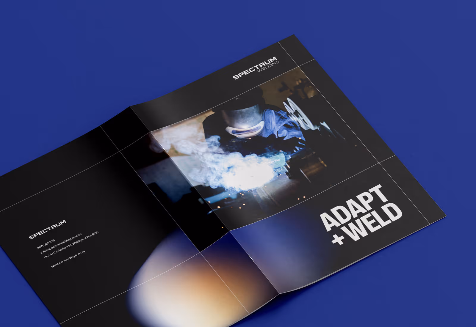 Open Spectrum Welding brochure showing welder at work with Adapt + Weld text