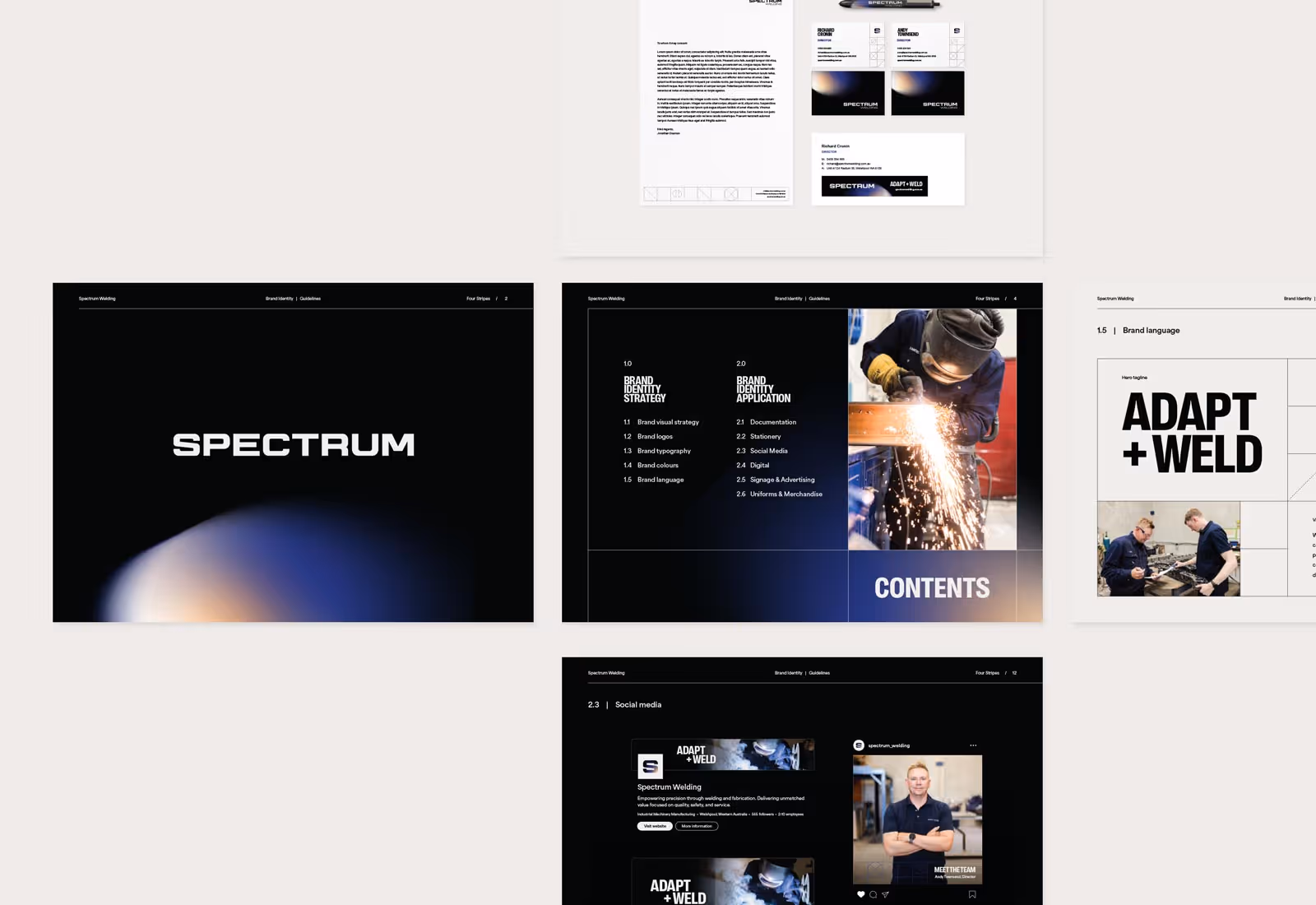 Spectrum brand guidelines mockups showing logo, welders, and brand layouts