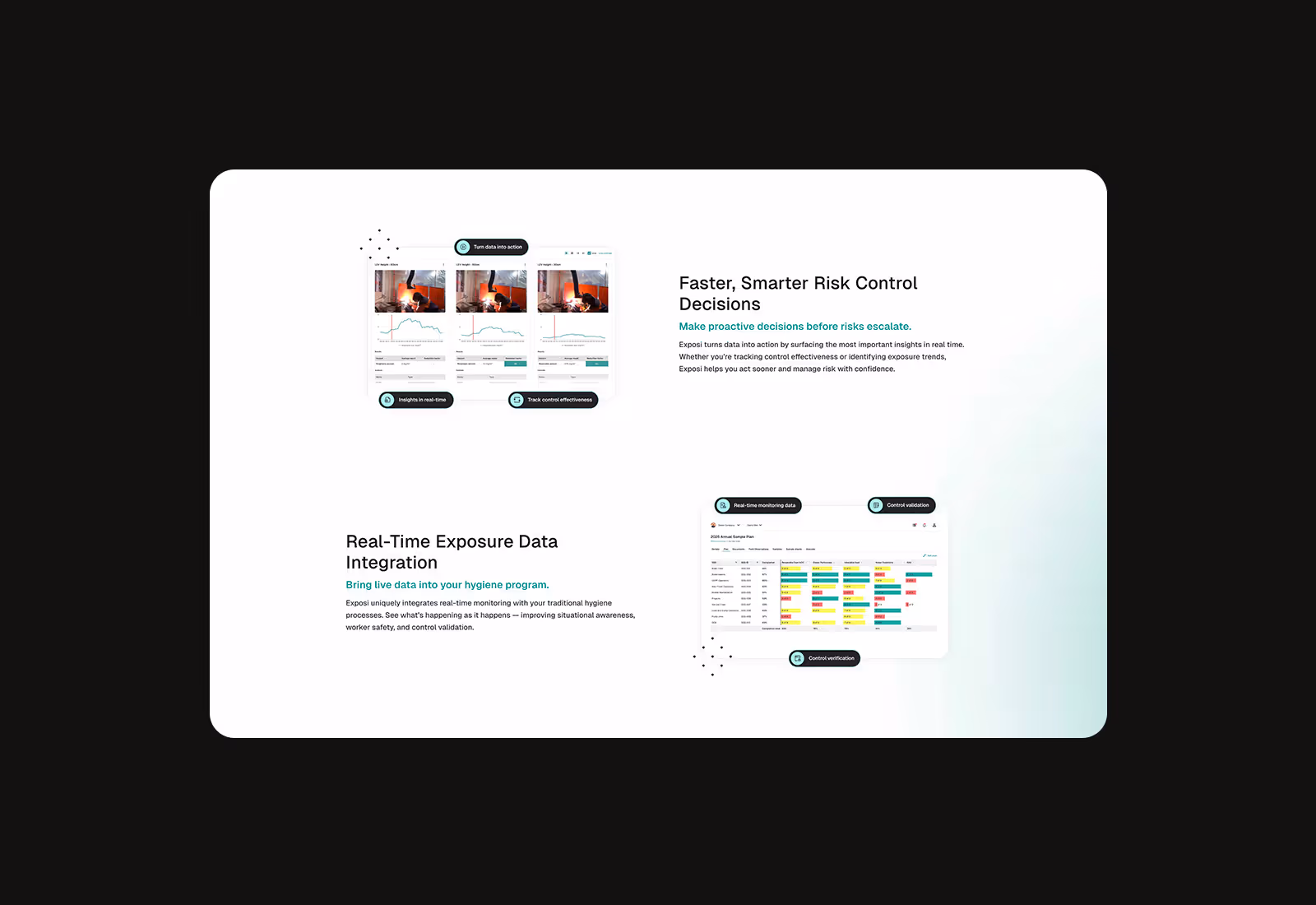 Exposi platform screenshots showcasing faster risk control decisions and real-time exposure data integration features.
