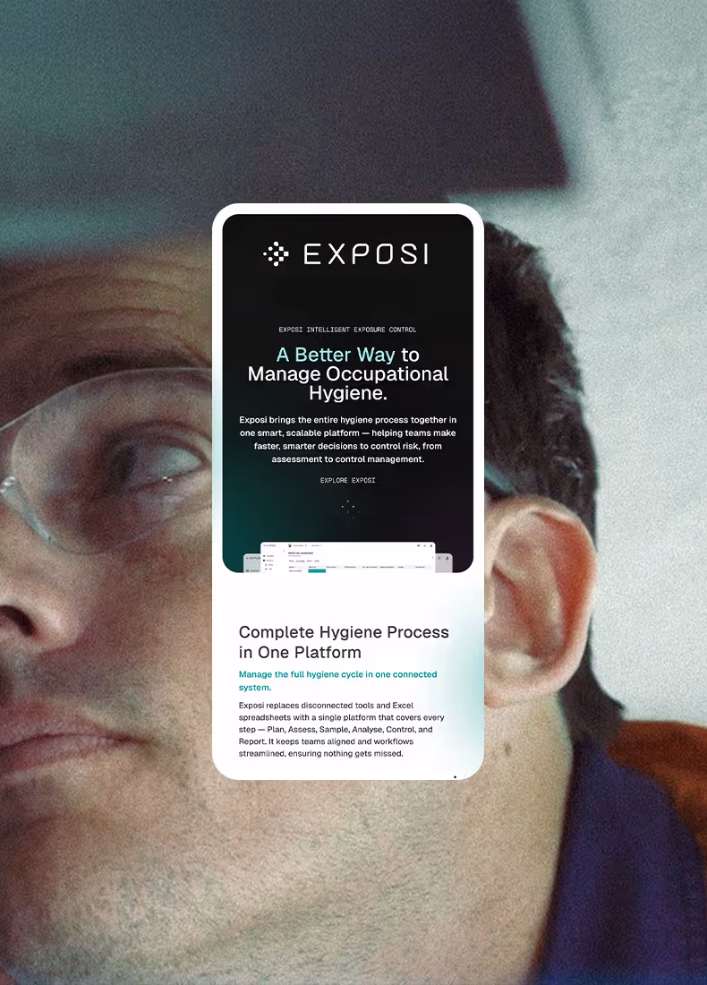 Mobile view of Exposi homepage and overview of complete hygiene process in one platform.