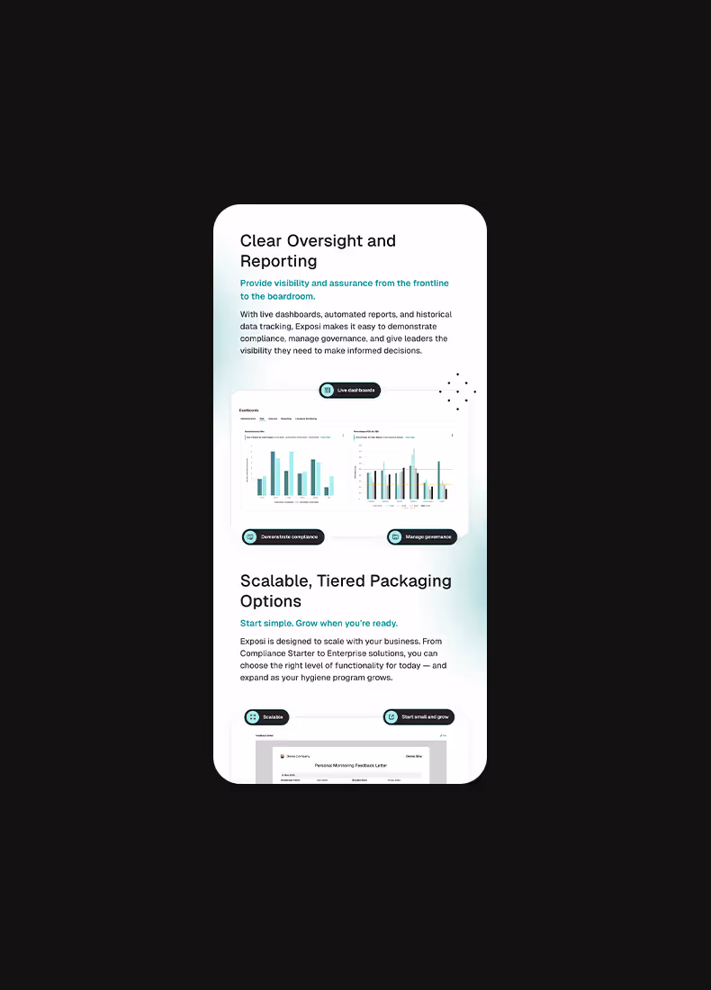 Exposi interface highlighting clear oversight, reporting dashboards, and scalable packaging options.