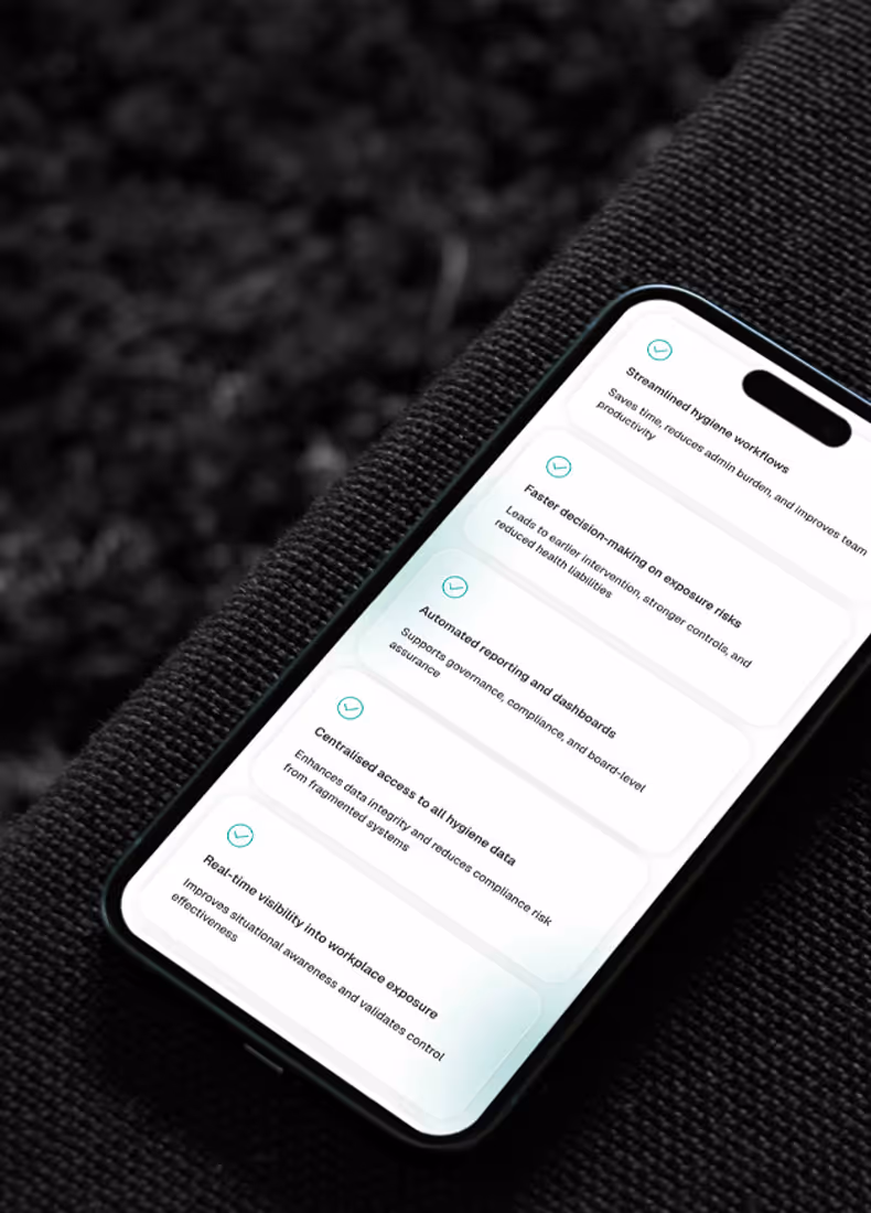 Mobile device displaying Exposi’s feature list including streamlined workflows, automated reporting, and real-time visibility.