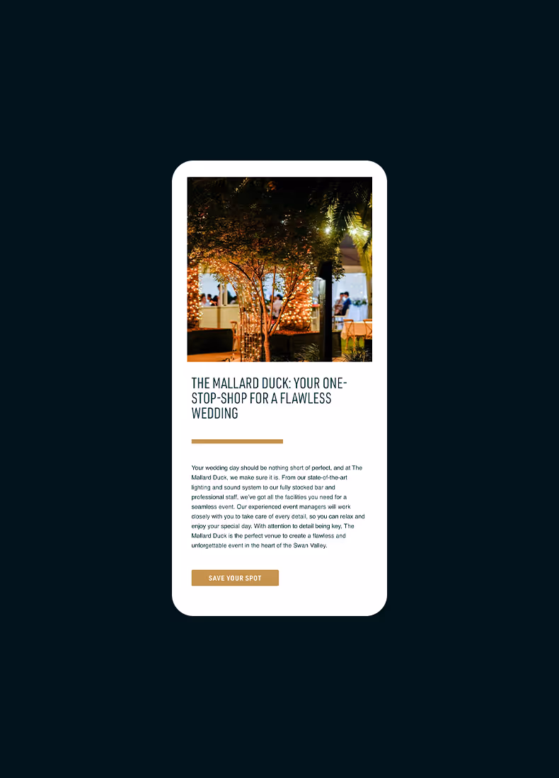 Mobile view of The Mallard Duck website showcasing evening wedding scene with fairy lights