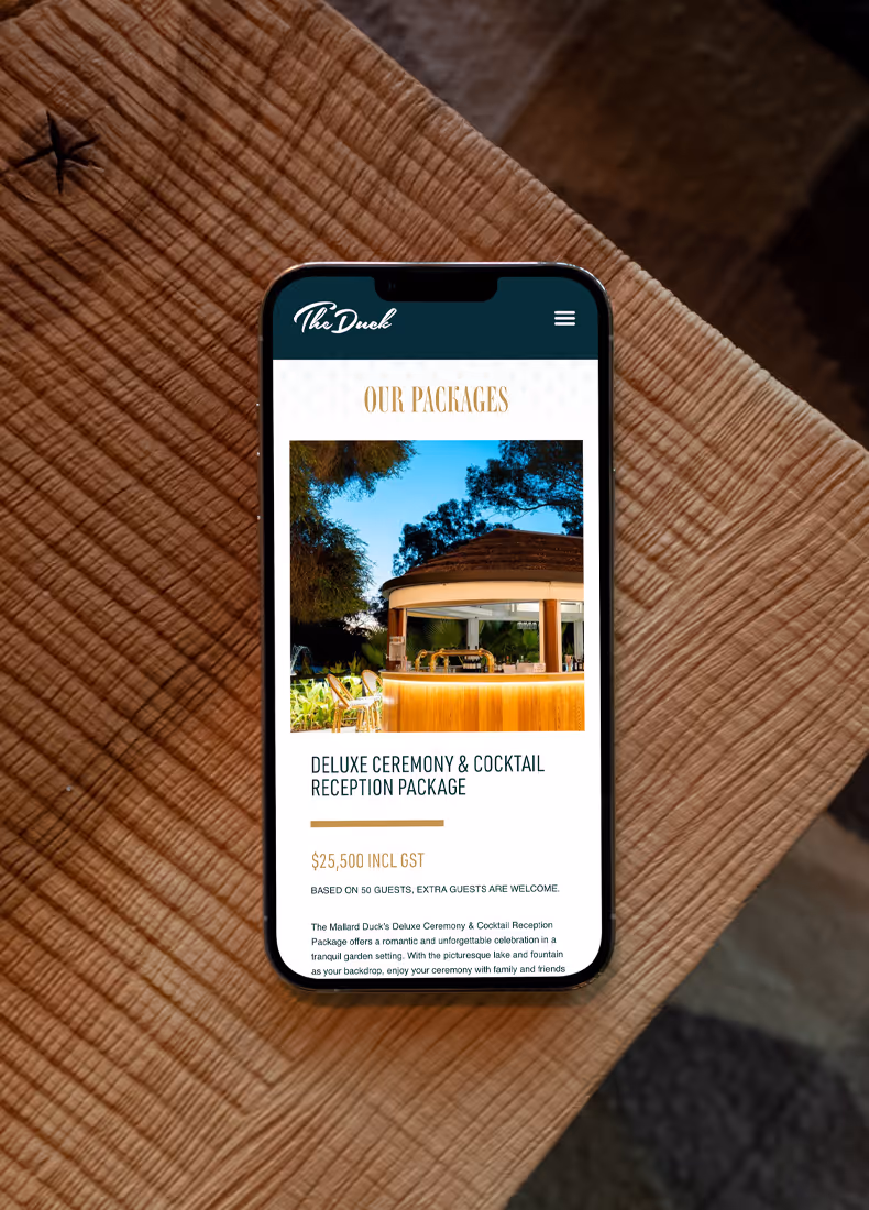 The Mallard Duck wedding packages page displayed on mobile with outdoor bar image