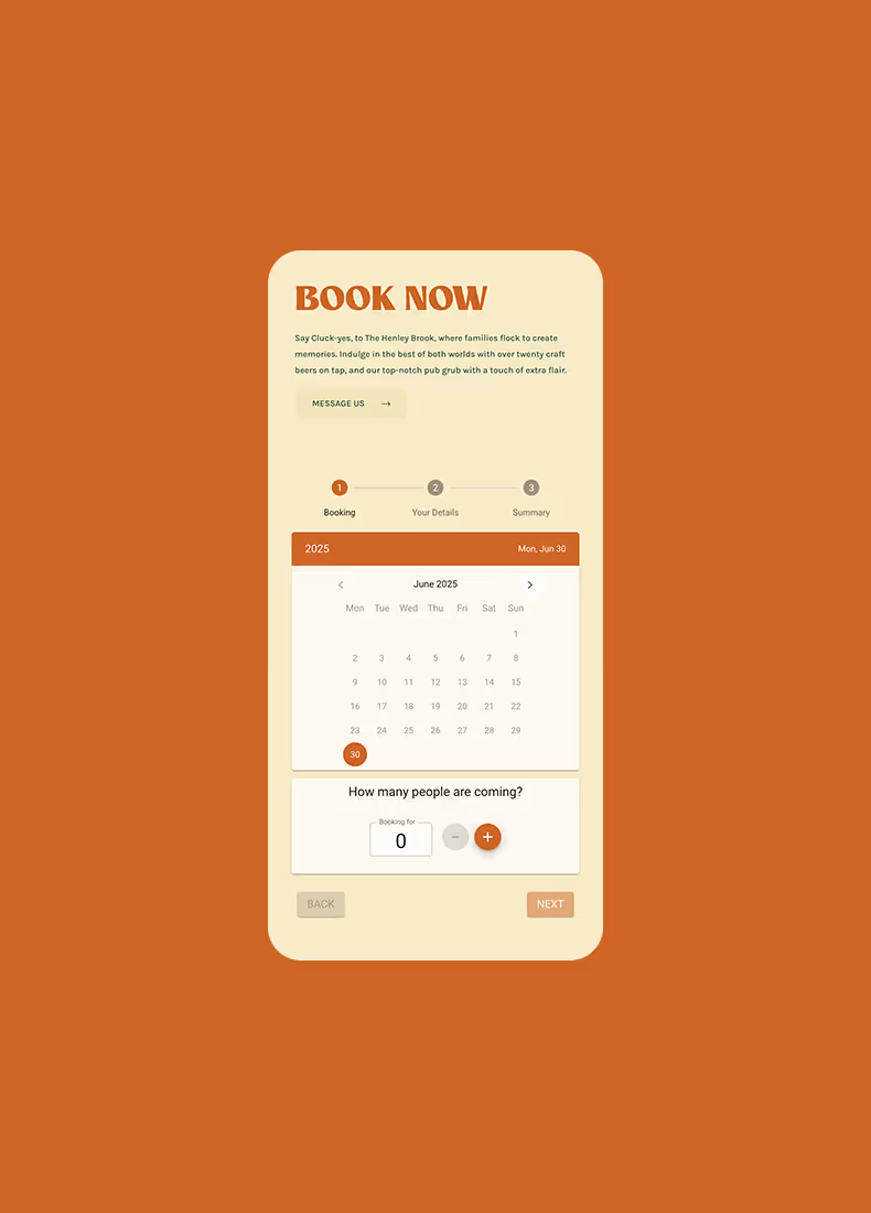 The Henley Brook online booking screen with calendar and guest number selection displayed on a mobile device.