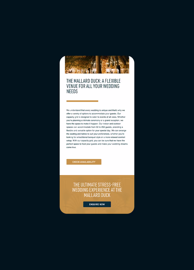 Mobile view of The Mallard Duck flexible wedding venue page with illuminated outdoor scene