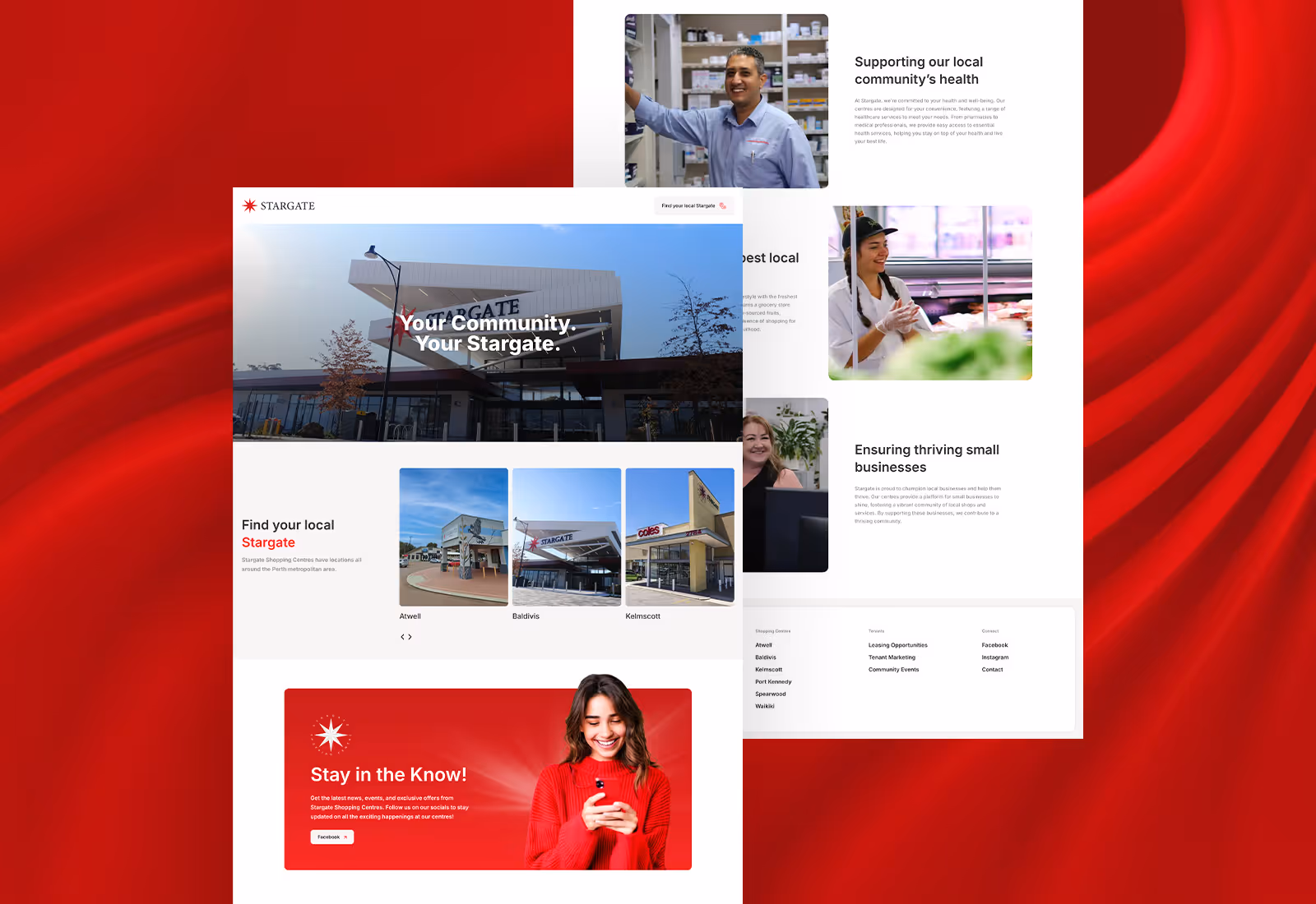 Website layout showing Stargate Shopping Centres community and business support information