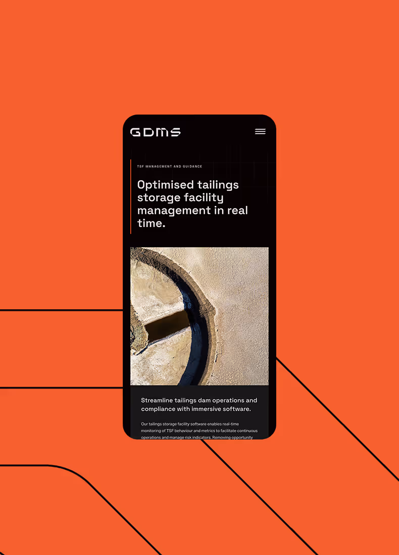 Mobile showing GDMS page on tailings storage management with aerial mine photo on orange background