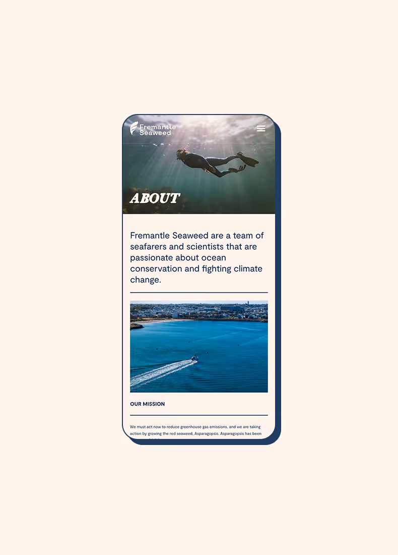 Mobile view of Fremantle Seaweed About page showing diver underwater and mission statement about ocean conservation