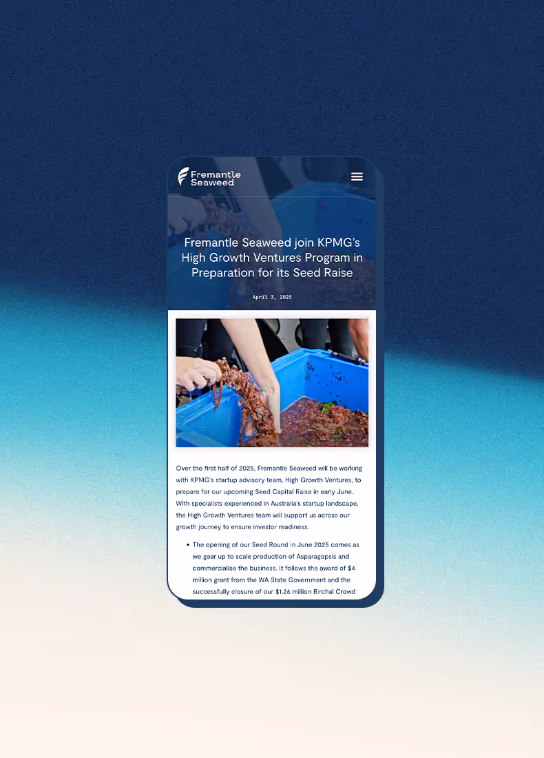 Mobile view of Fremantle Seaweed news article about joining KPMG’s High Growth Ventures Program.