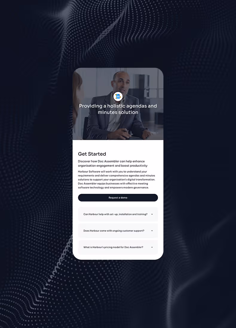 Mobile view of Doc Assembler page with meeting scene background.