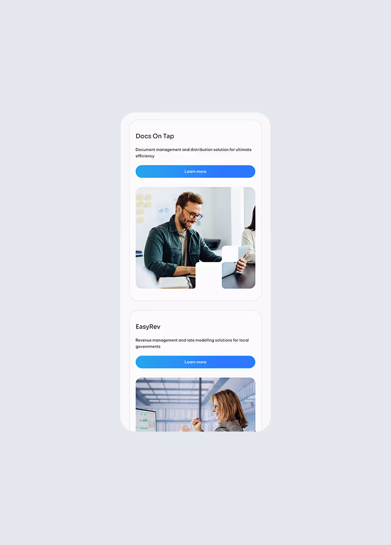 Mobile view of Docs On Tap and EasyRev product listings.