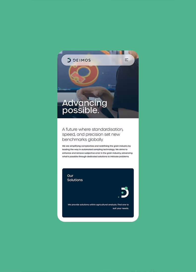 Mobile view of Deimos website with “Advancing possible” slogan and agricultural technology solutions description