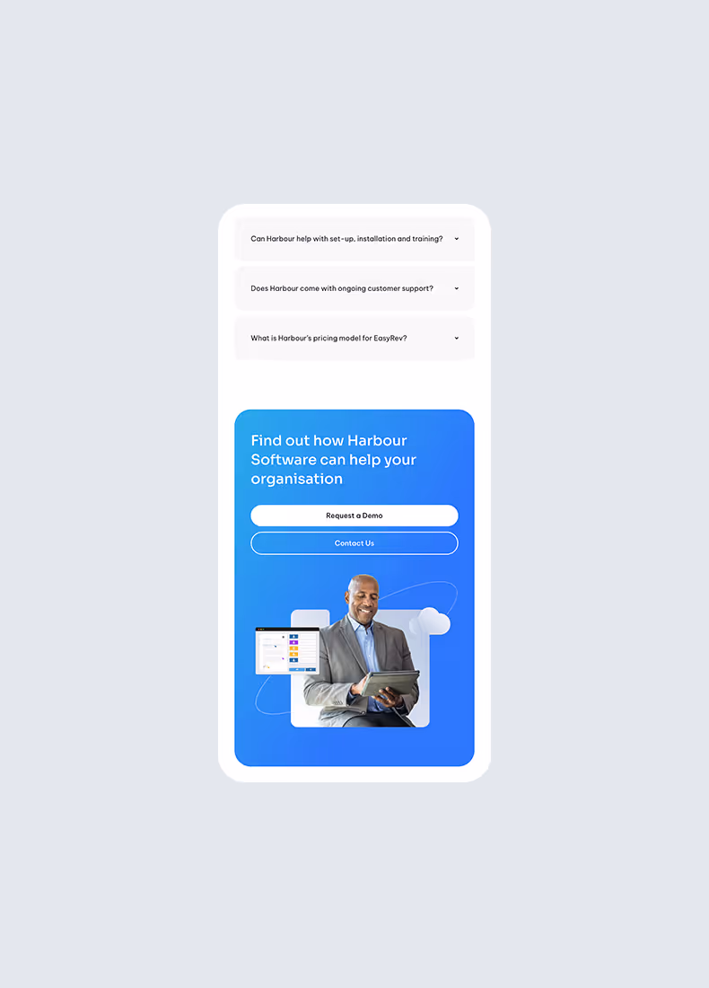 Mobile view of Harbour Software demo request with cloud graphic.