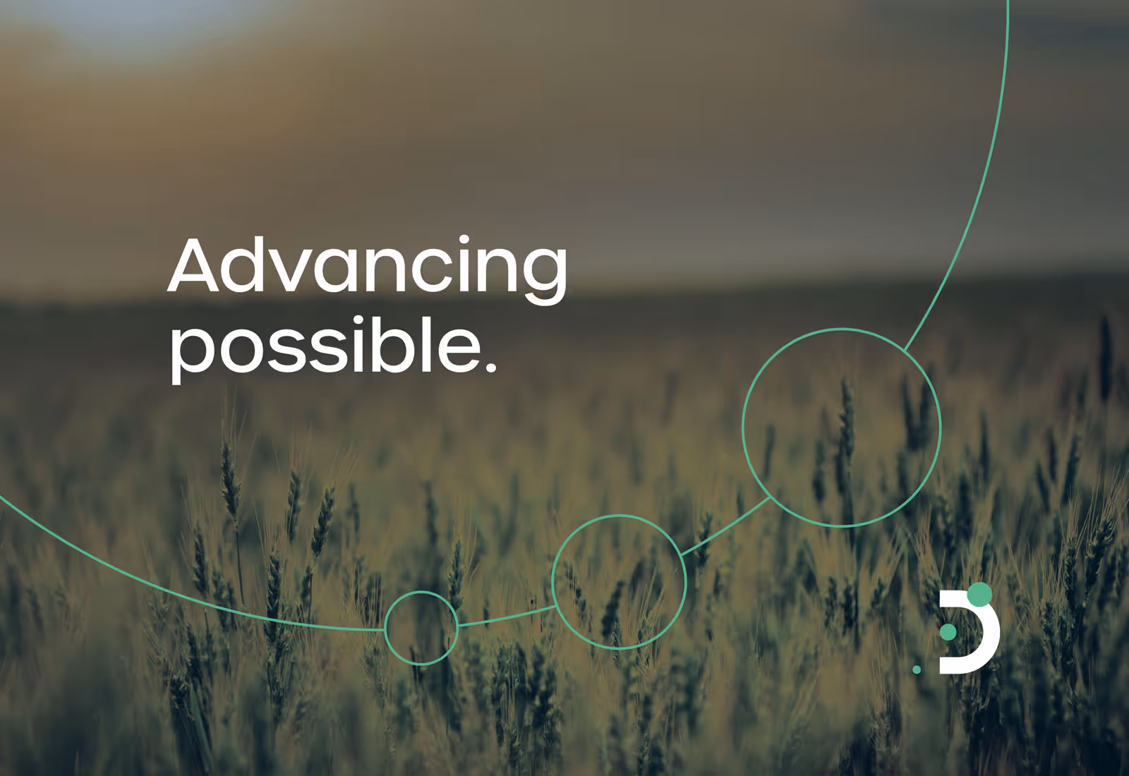 Deimos promotional image with “Advancing possible” slogan over a blurred wheat field background