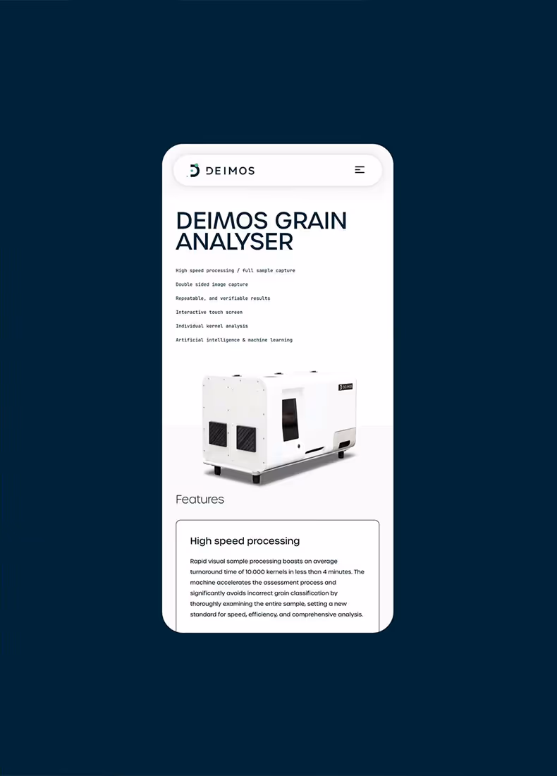 Mobile view of Deimos Grain Analyser product page showing features and product image