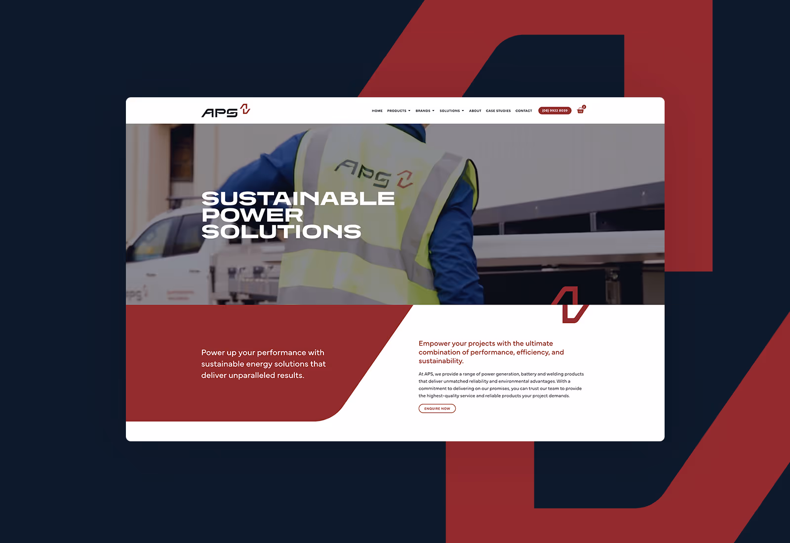 APS homepage featuring a worker in a high-visibility vest with the slogan “Sustainable Power Solutions” and company service description.