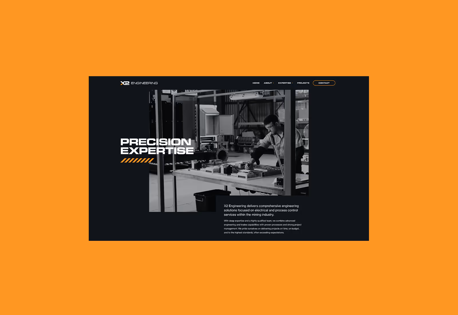 X2 Engineering desktop website homepage design featuring “Precision Expertise” headline over a monochrome image of a technician working at a workstation.
