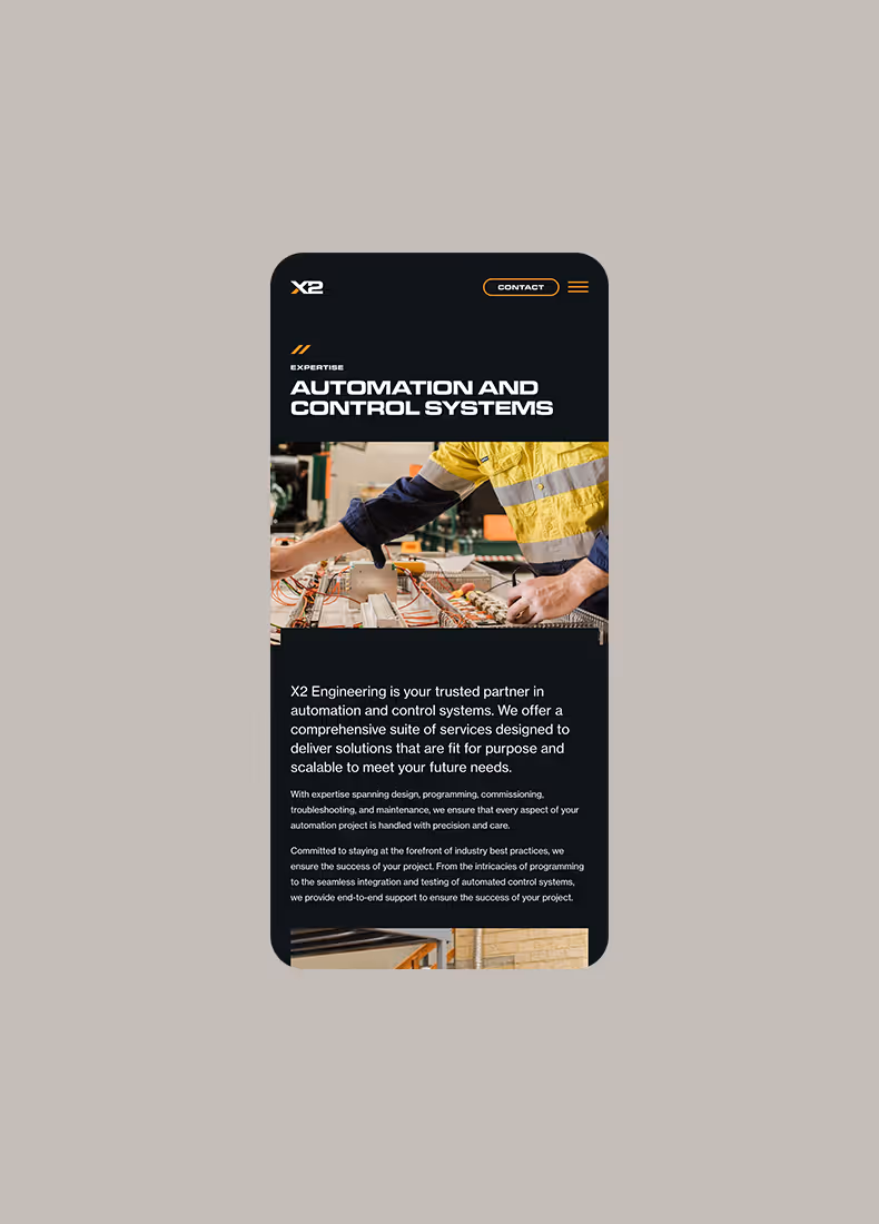 Mobile webpage for X2 Engineering’s Automation and Control Systems service, showing a close-up of a technician working on complex wiring.