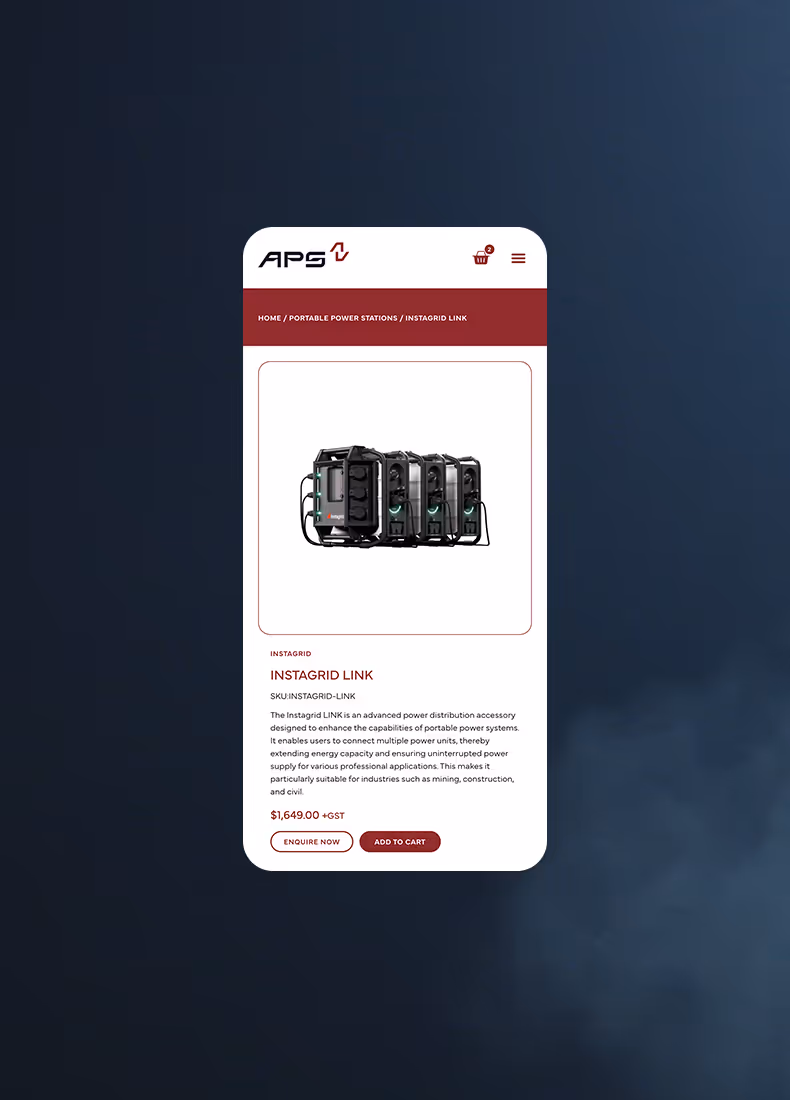 APS mobile product page displaying the Instagrid Link portable power distribution accessory with detailed description and price.