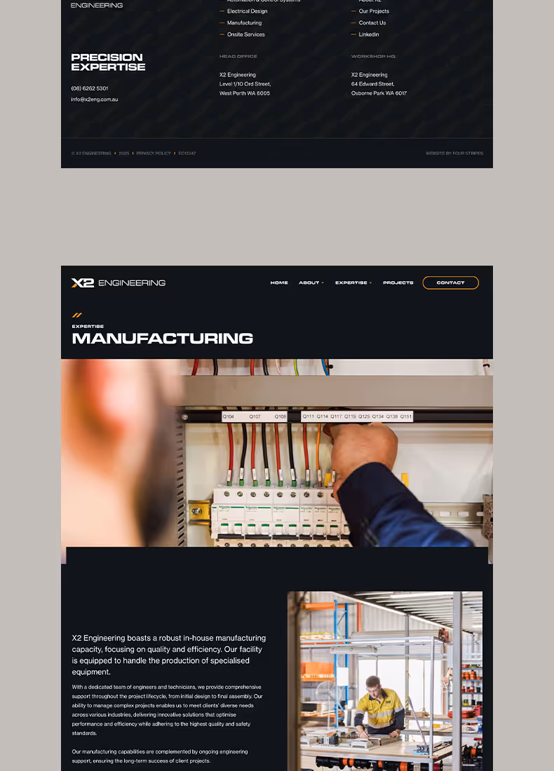 X2 Engineering manufacturing page showing a close-up of an electrical panel with labelled wiring, alongside text describing production capabilities.