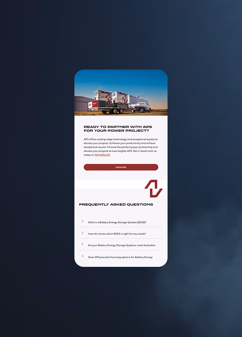 APS mobile page featuring a large battery energy storage system trailer with contact call-to-action and FAQ section.