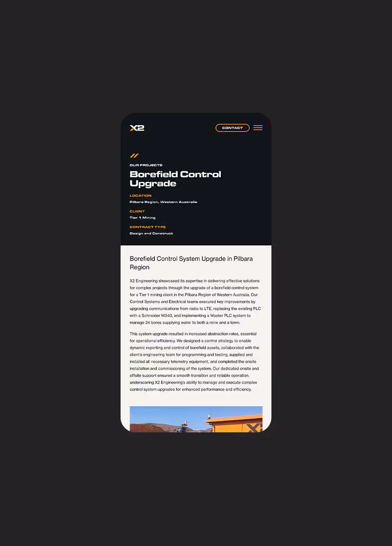Mobile project page for “Borefield Control Upgrade” detailing project scope and outcomes, with text and an image of an orange industrial structure.